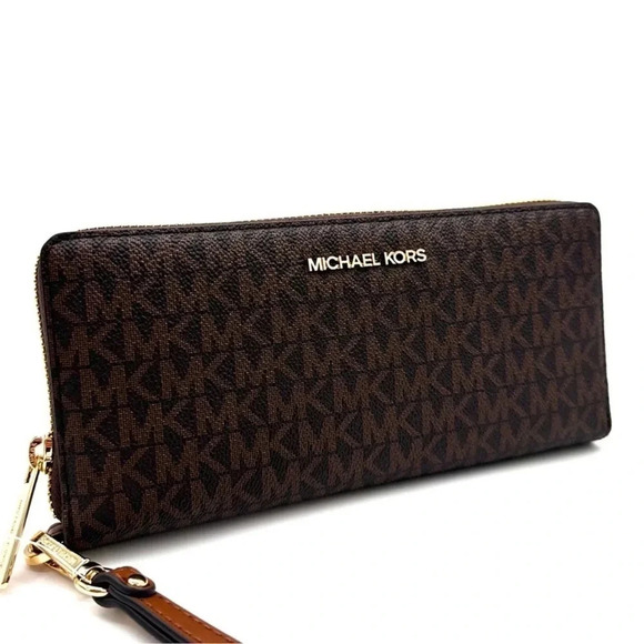 Michael Kors Large Continental Wallet Wristlet Leather Brown - Picture 1 of 8